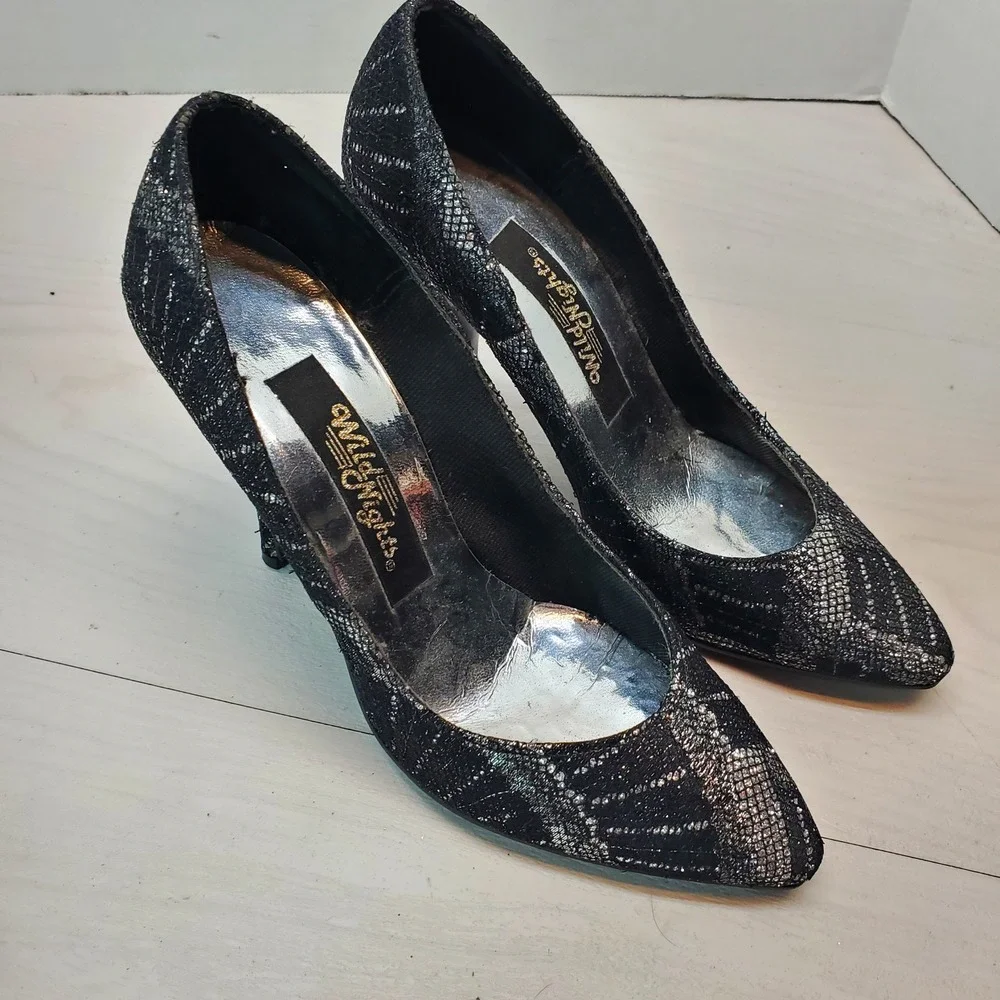 Wild Nights Womens Black Silver Metallic Lace Pointed Toe Stiletto Pumps Size 7B